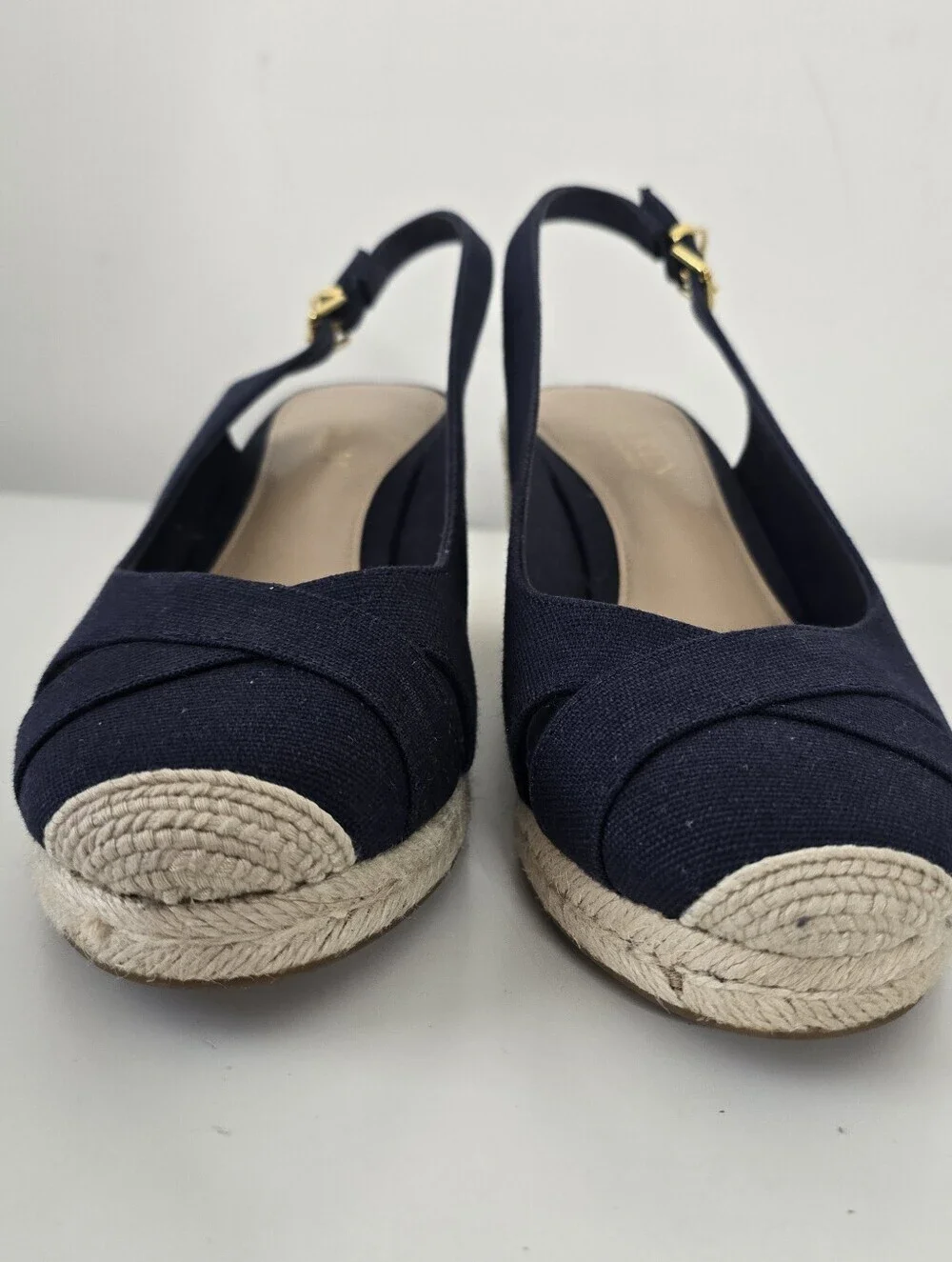 Lauren Ralph Lauren Navy Hadley Espadrille Wedge Canvas Sandals 8B Slingback